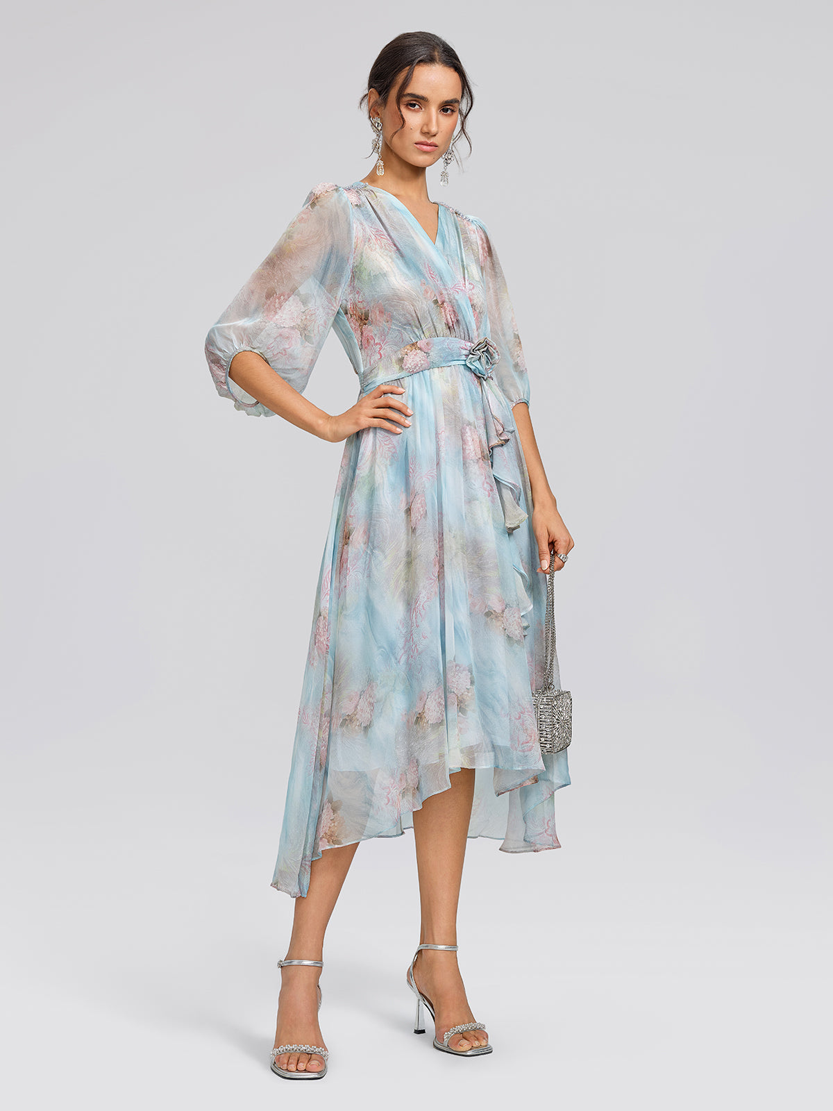 Silk Watercolor Floral 3D Flower V-Neck Waist Dress