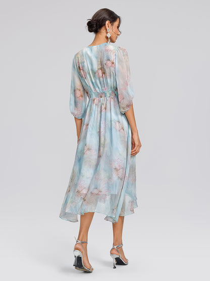 Silk Watercolor Floral 3D Flower V-Neck Waist Dress