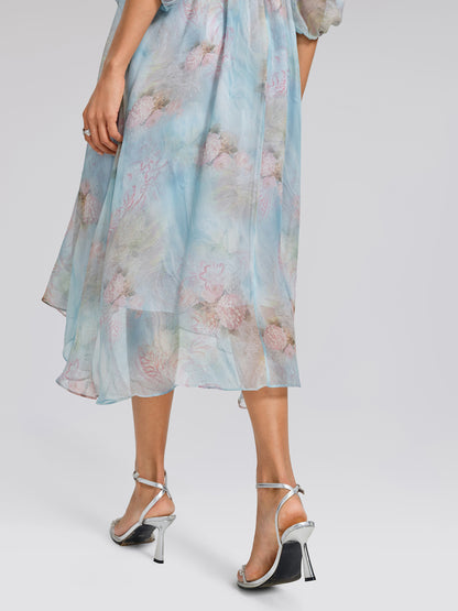 Silk Watercolor Floral 3D Flower V-Neck Waist Dress