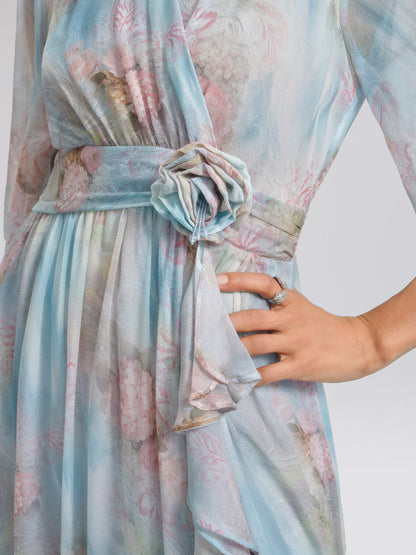 Silk Watercolor Floral 3D Flower V-Neck Waist Dress