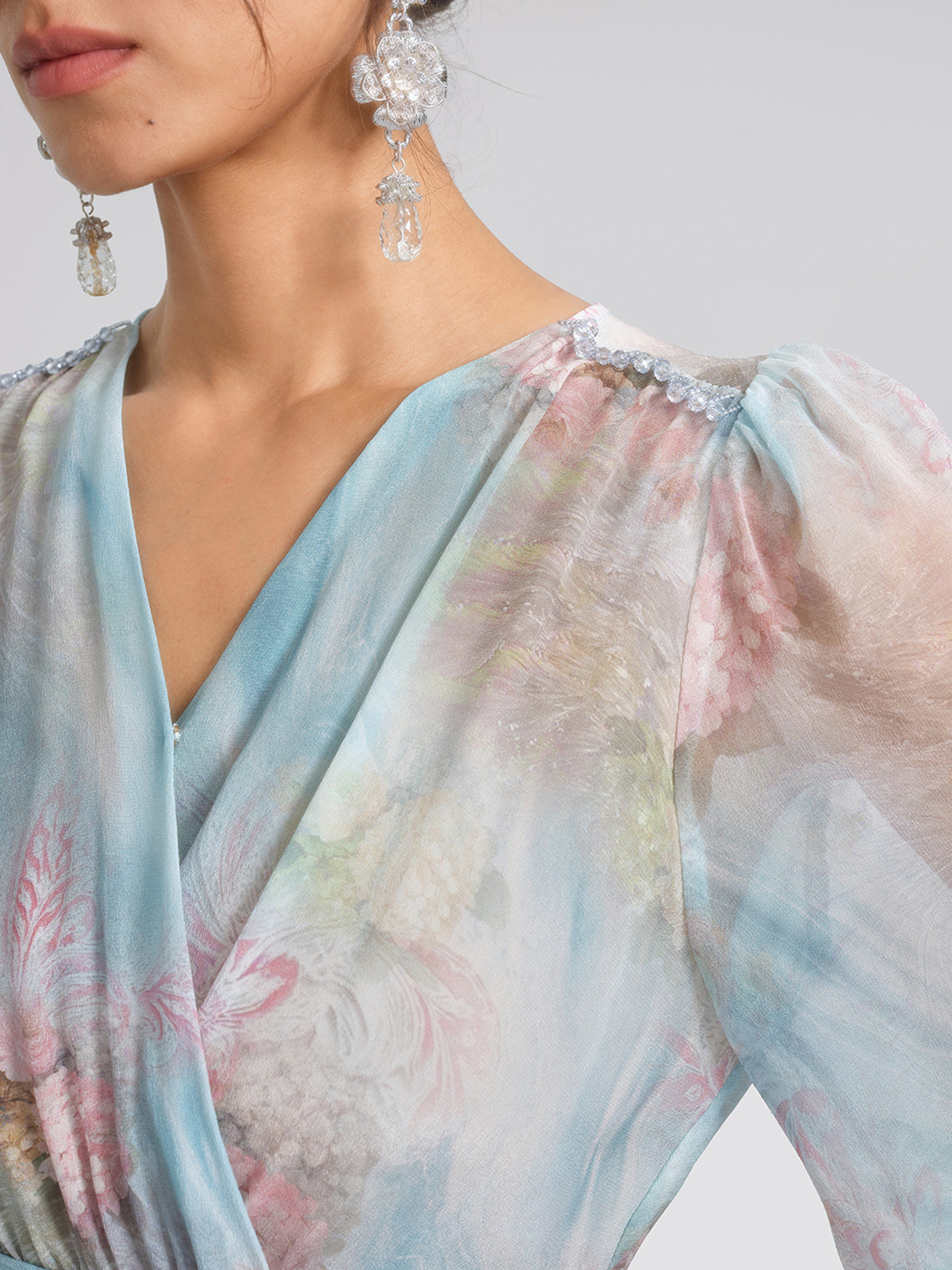 Silk Watercolor Floral 3D Flower V-Neck Waist Dress