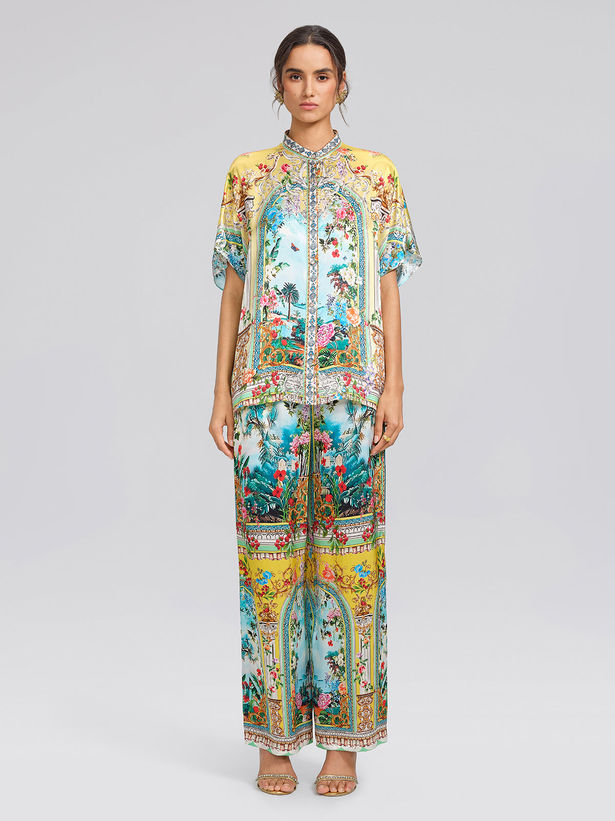 100% Silk Rhinestone Romantic Manor Print Blouse