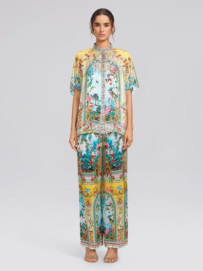 100% Silk Rhinestone Romantic Manor Print Blouse