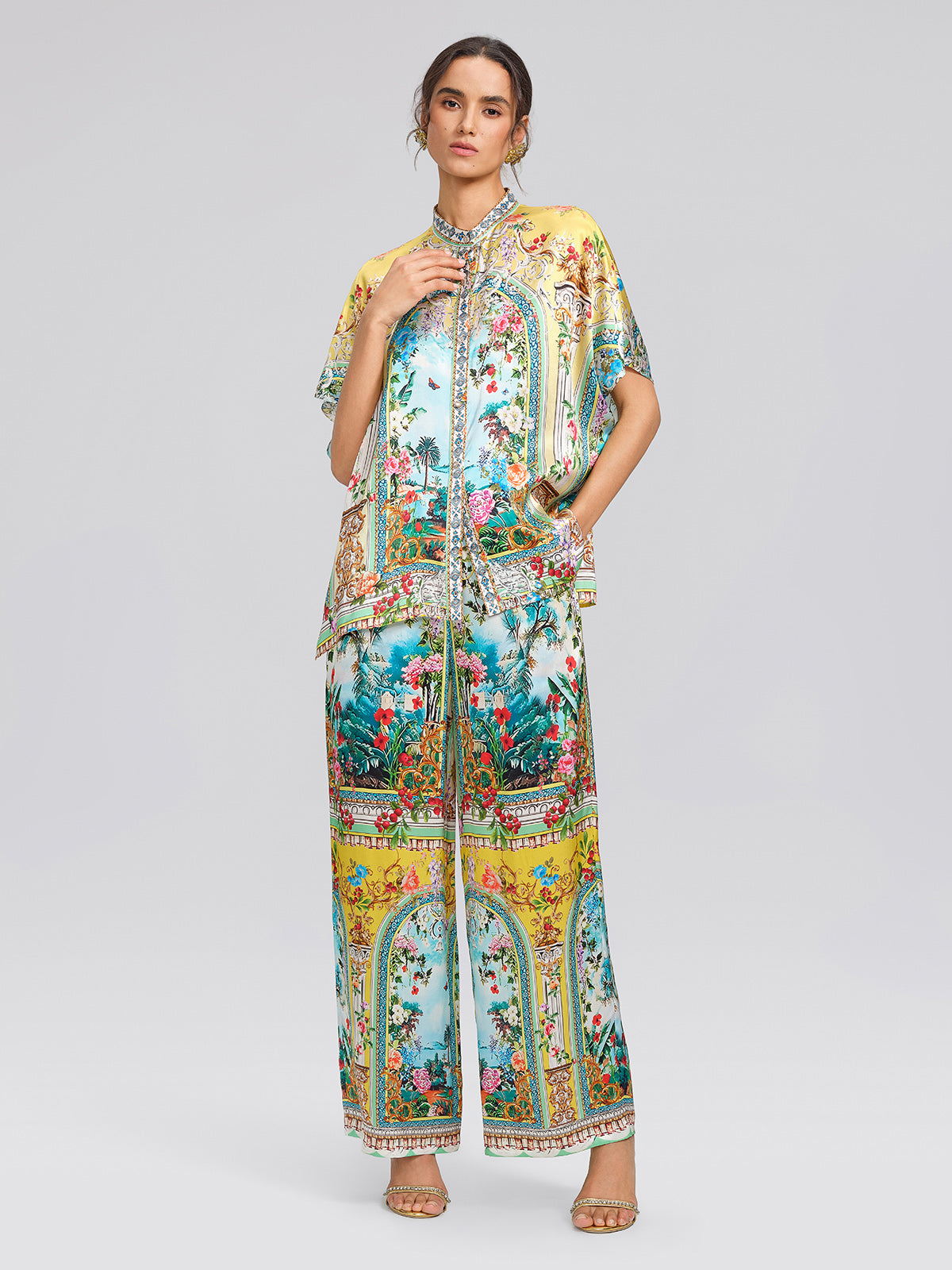 100% Silk Rhinestone Romantic Manor Print Blouse
