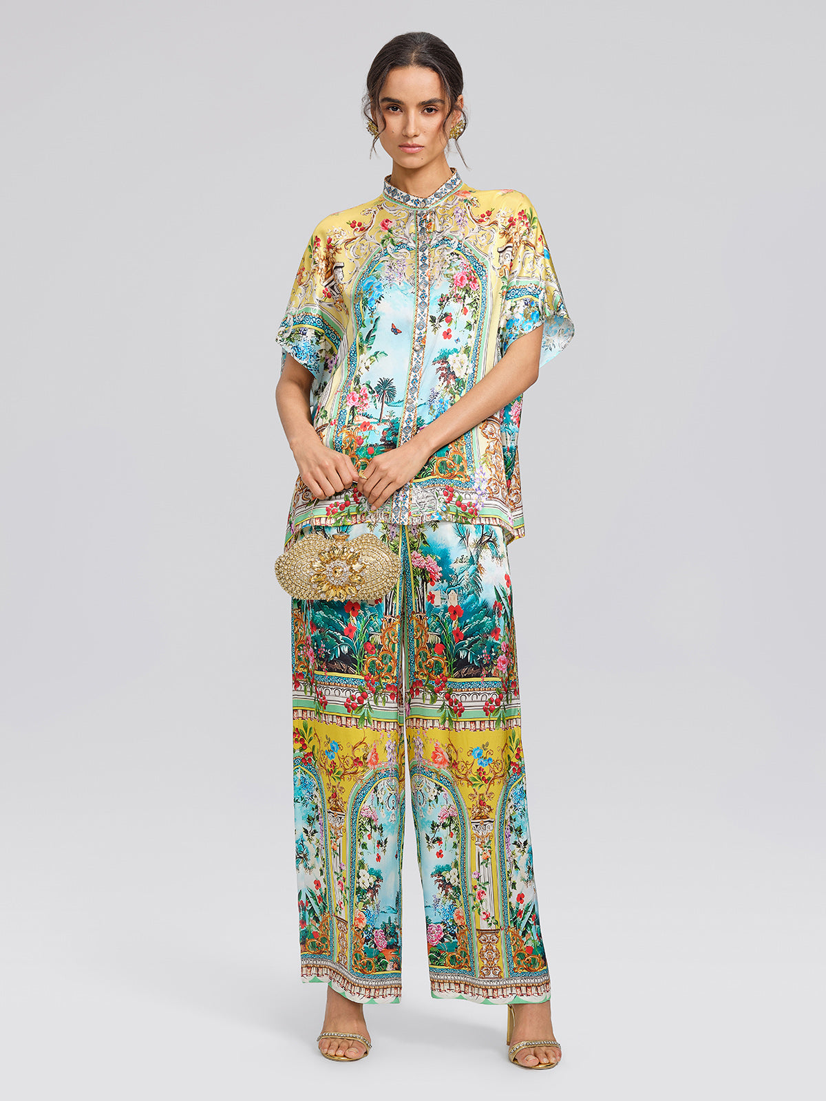 100% Silk Rhinestone Romantic Manor Print Blouse