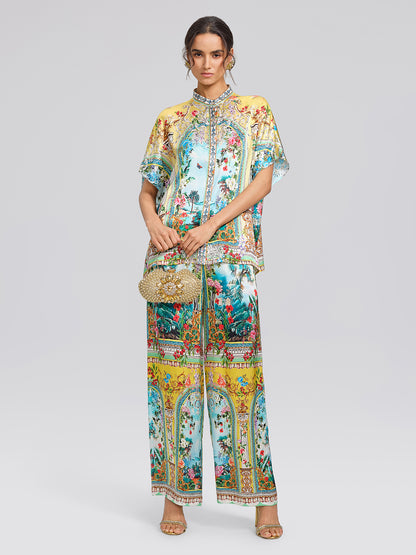 100% Silk Rhinestone Romantic Manor Print Blouse
