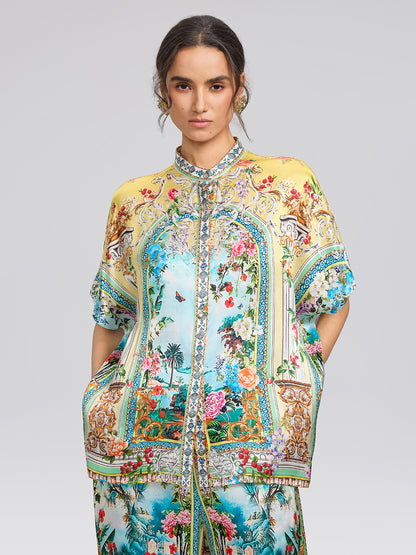 100% Silk Rhinestone Romantic Manor Print Blouse