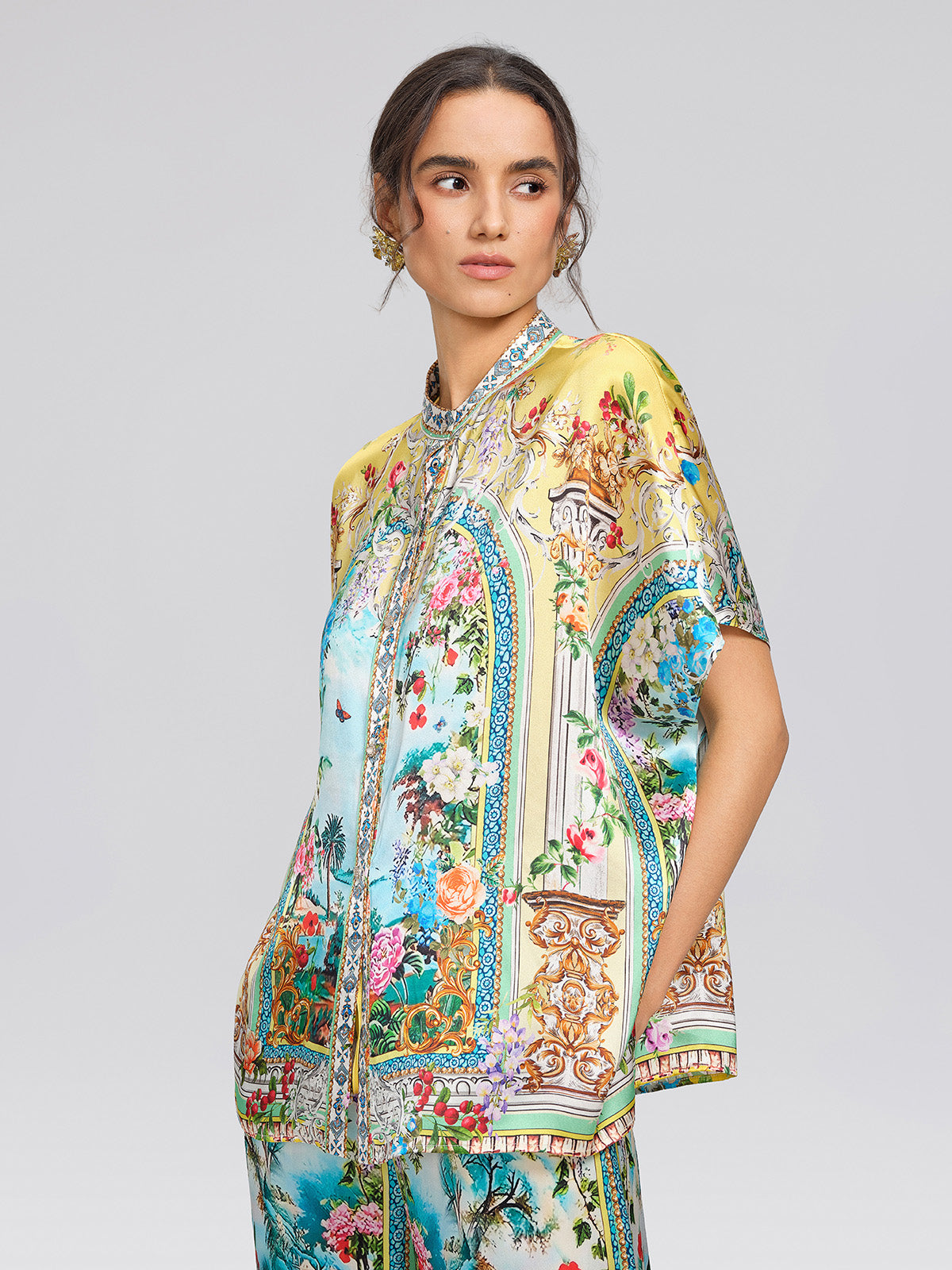 100% Silk Rhinestone Romantic Manor Print Blouse