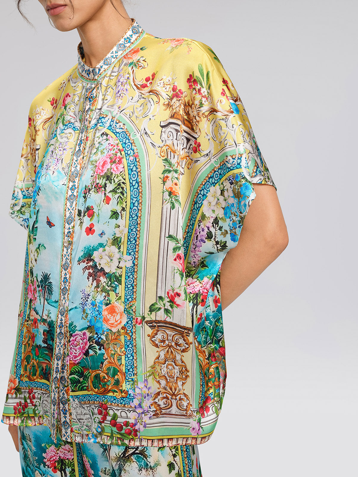 100% Silk Rhinestone Romantic Manor Print Blouse