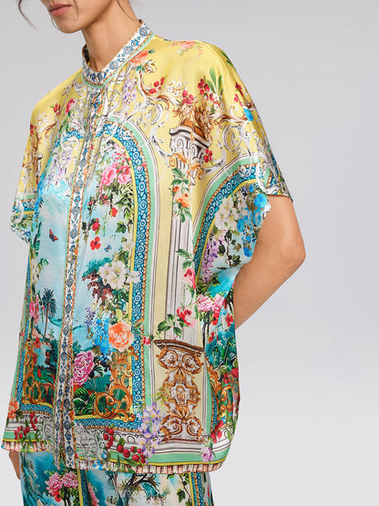 100% Silk Rhinestone Romantic Manor Print Blouse