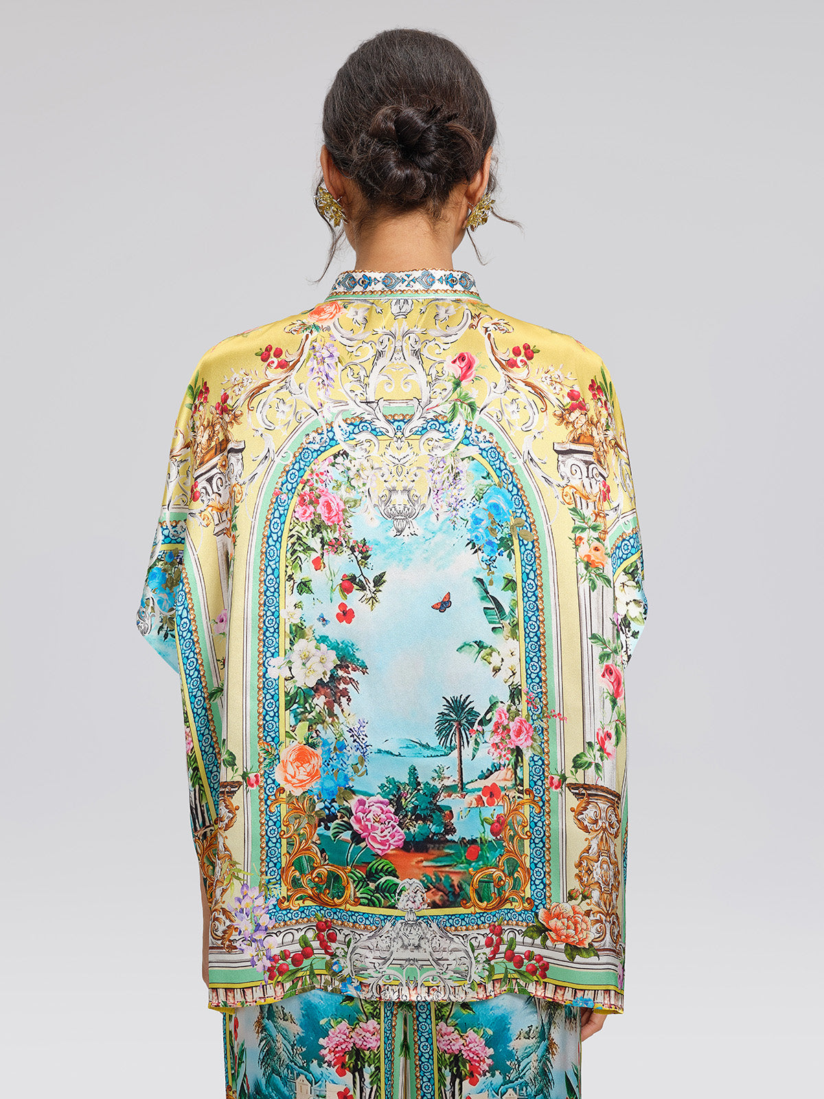 100% Silk Rhinestone Romantic Manor Print Blouse