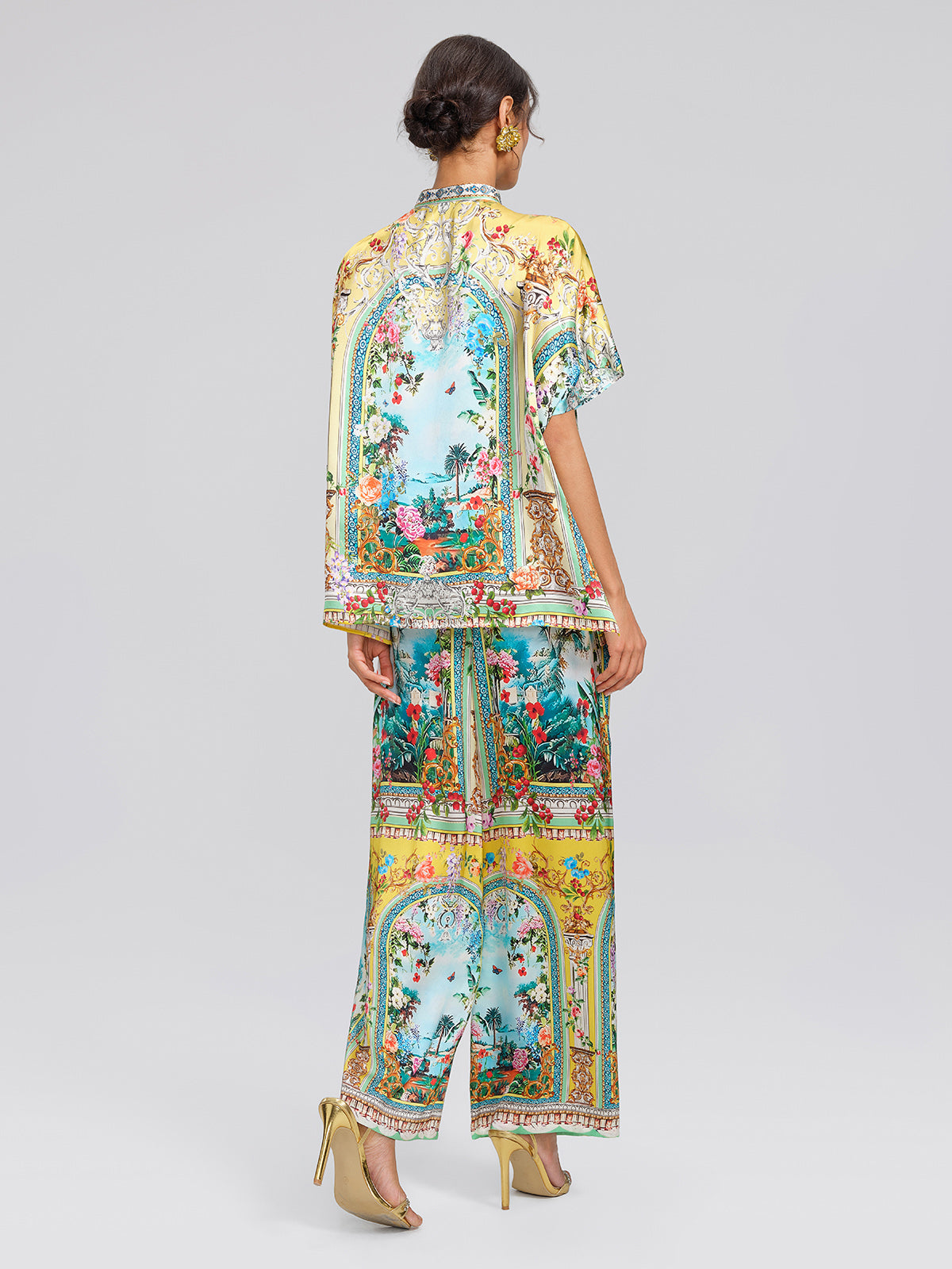 100% Silk Manor Print Wide Leg Pants