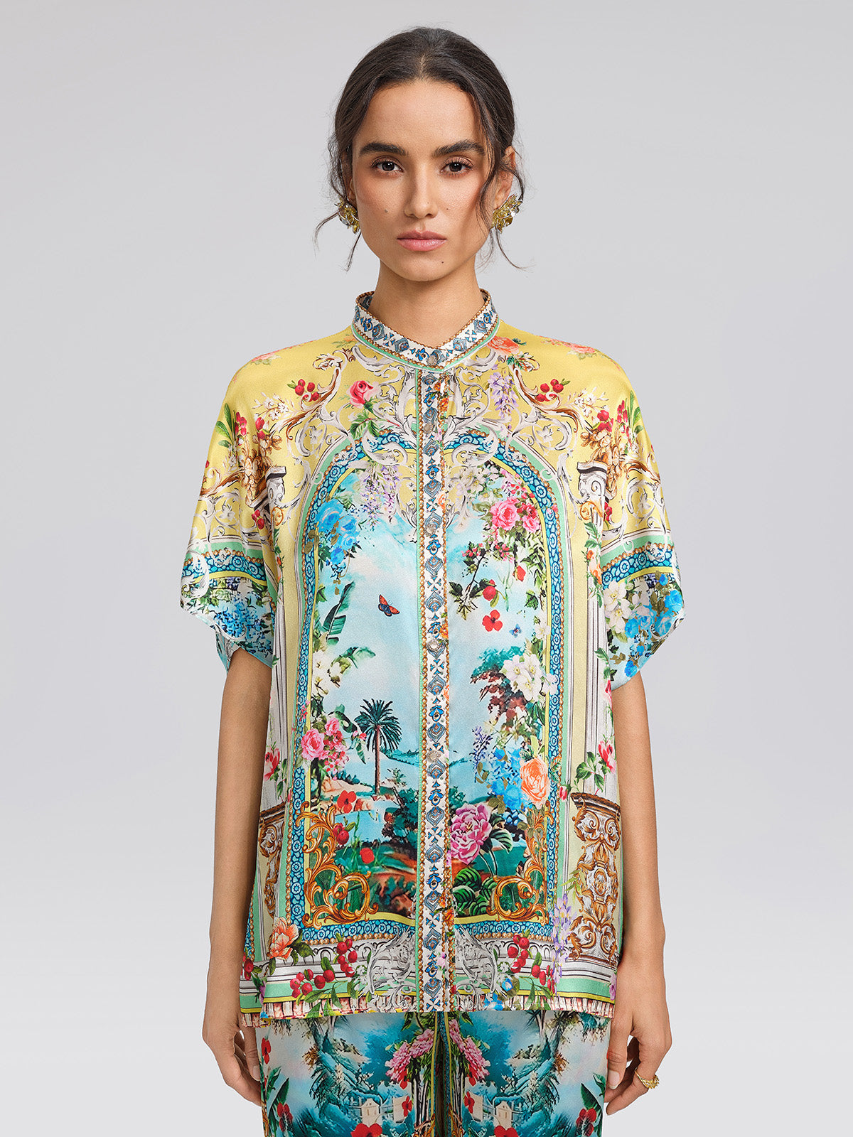 100% Silk Rhinestone Romantic Manor Print Blouse