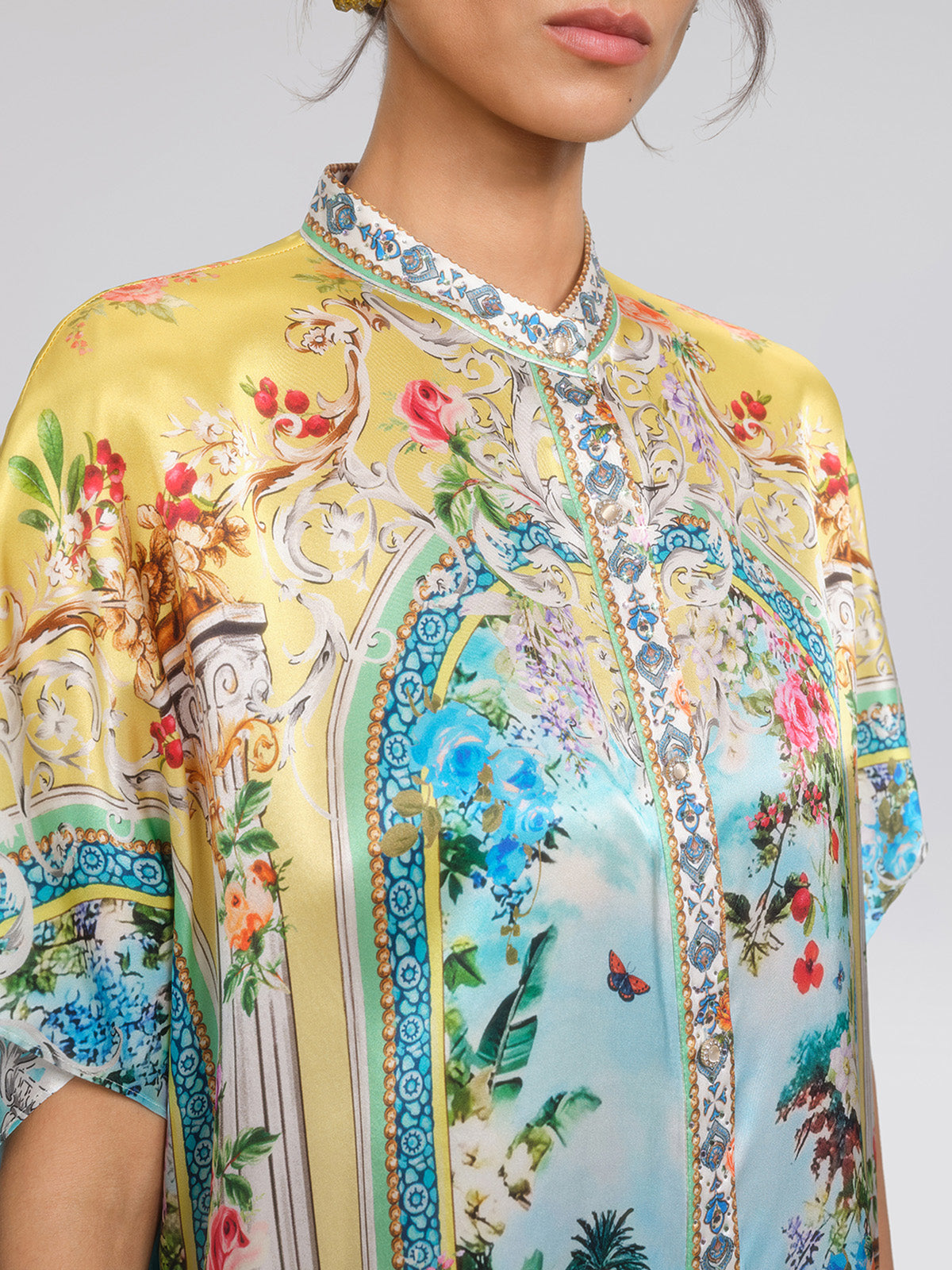 100% Silk Rhinestone Romantic Manor Print Blouse