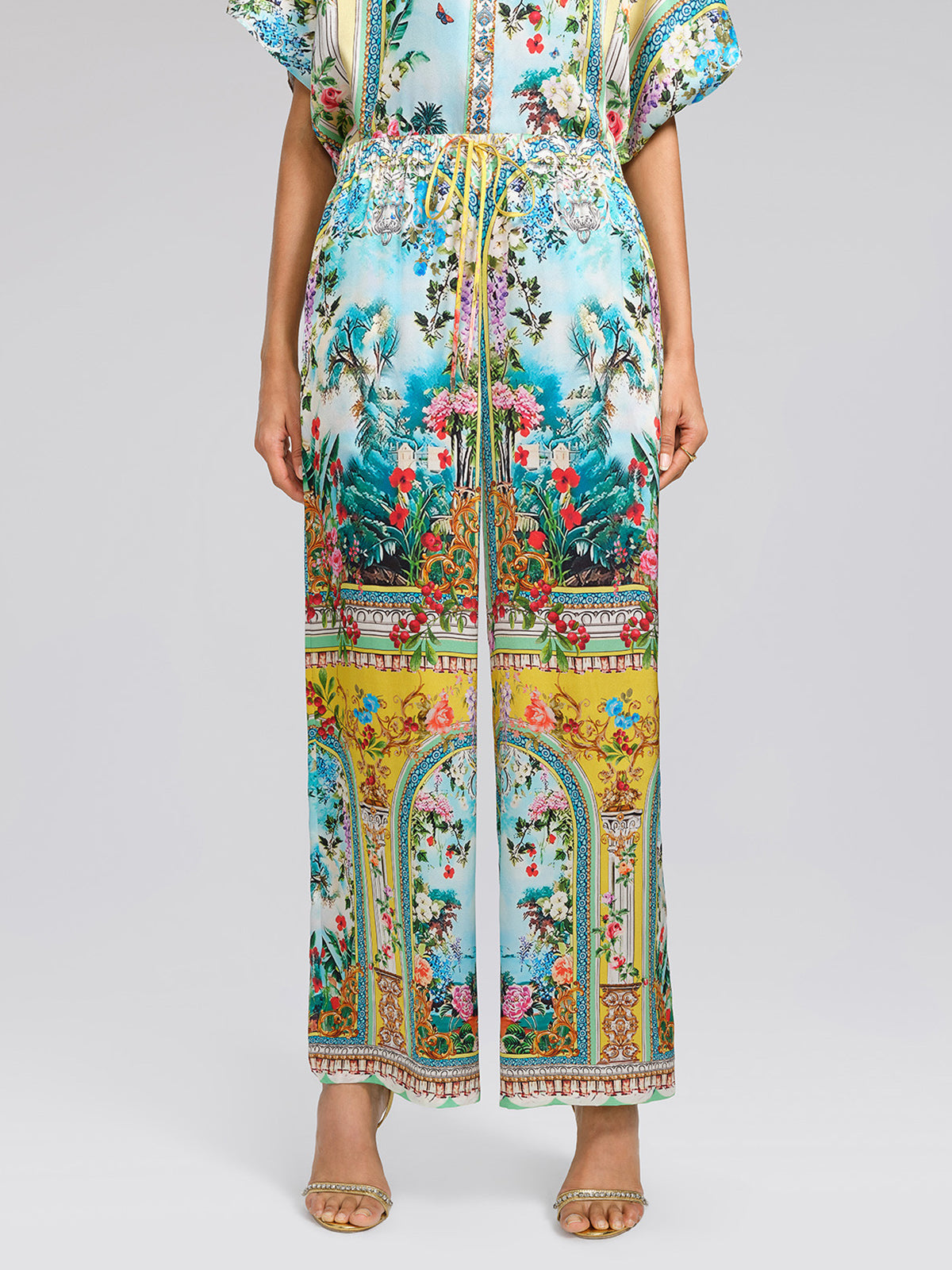 100% Silk Manor Print Wide Leg Pants