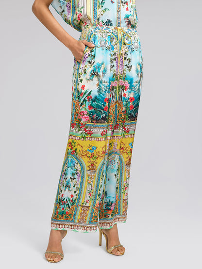 100% Silk Manor Print Wide Leg Pants
