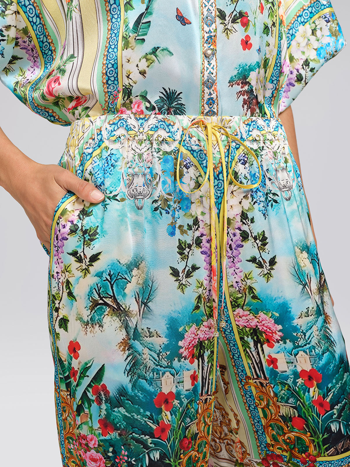 100% Silk Manor Print Wide Leg Pants