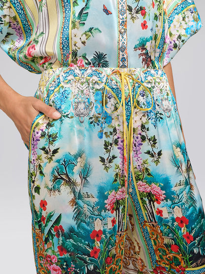 100% Silk Manor Print Wide Leg Pants