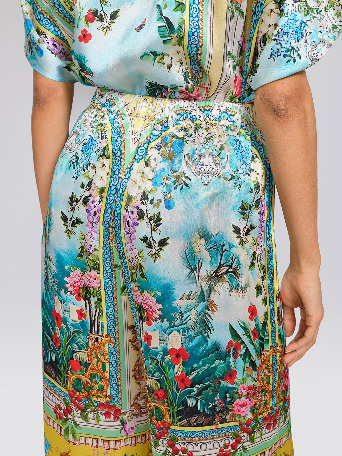 100% Silk Manor Print Wide Leg Pants