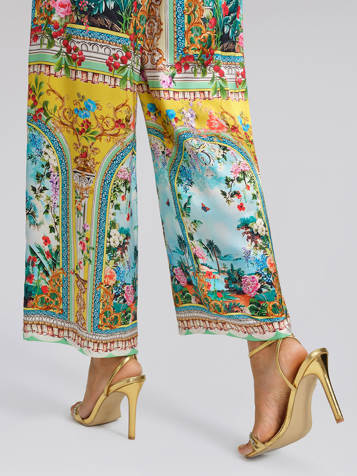 100% Silk Manor Print Wide Leg Pants