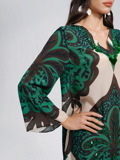 100% Silk Beaded Botanical Paisley Dress
