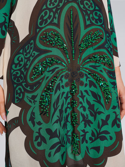 100% Silk Beaded Botanical Paisley Dress