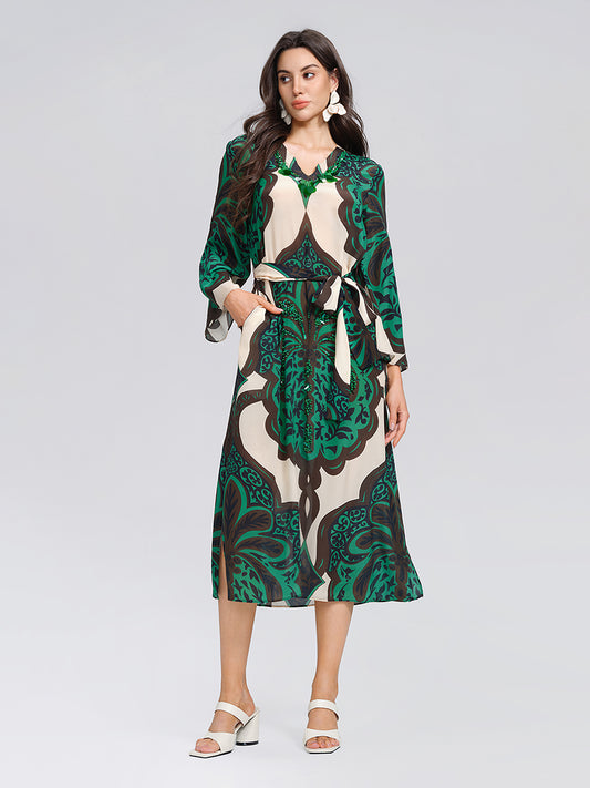 100% Silk Beaded Botanical Paisley Dress