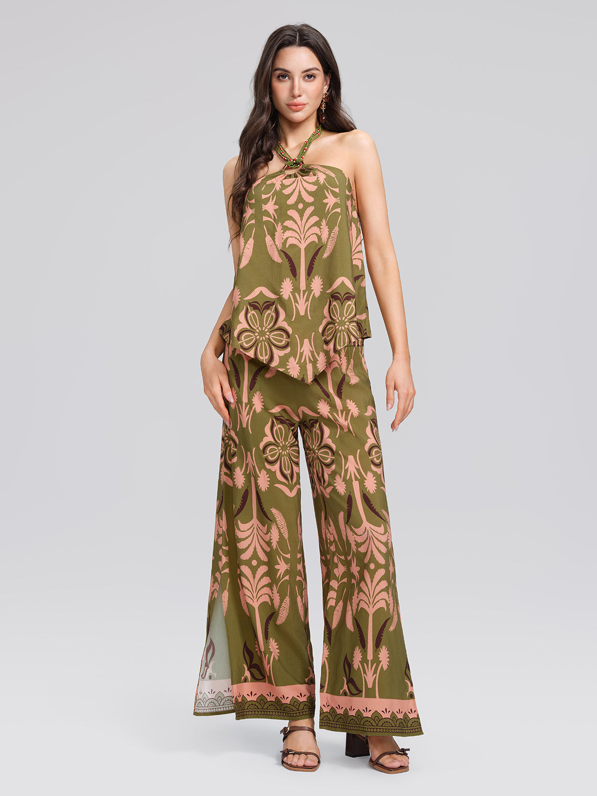 Vintage Botanical Print Beaded Strapless Top