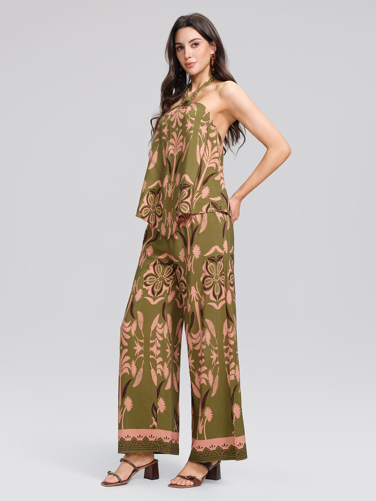 Vintage Botanical Print Beaded Strapless Top