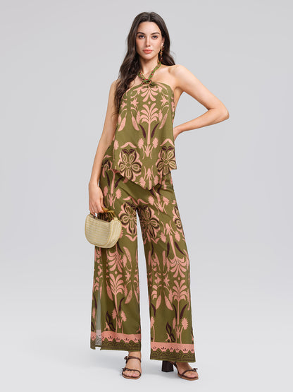 Vintage Botanical Print Wide Leg Pants