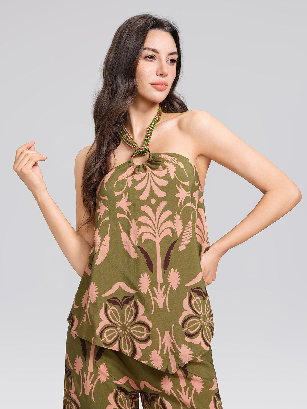 Vintage Botanical Print Beaded Strapless Top