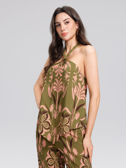 Vintage Botanical Print Beaded Strapless Top