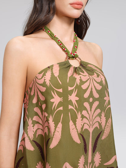 Vintage Botanical Print Beaded Strapless Top