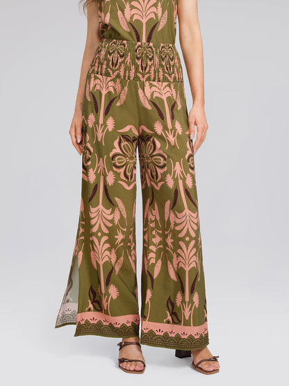 Vintage Botanical Print Wide Leg Pants