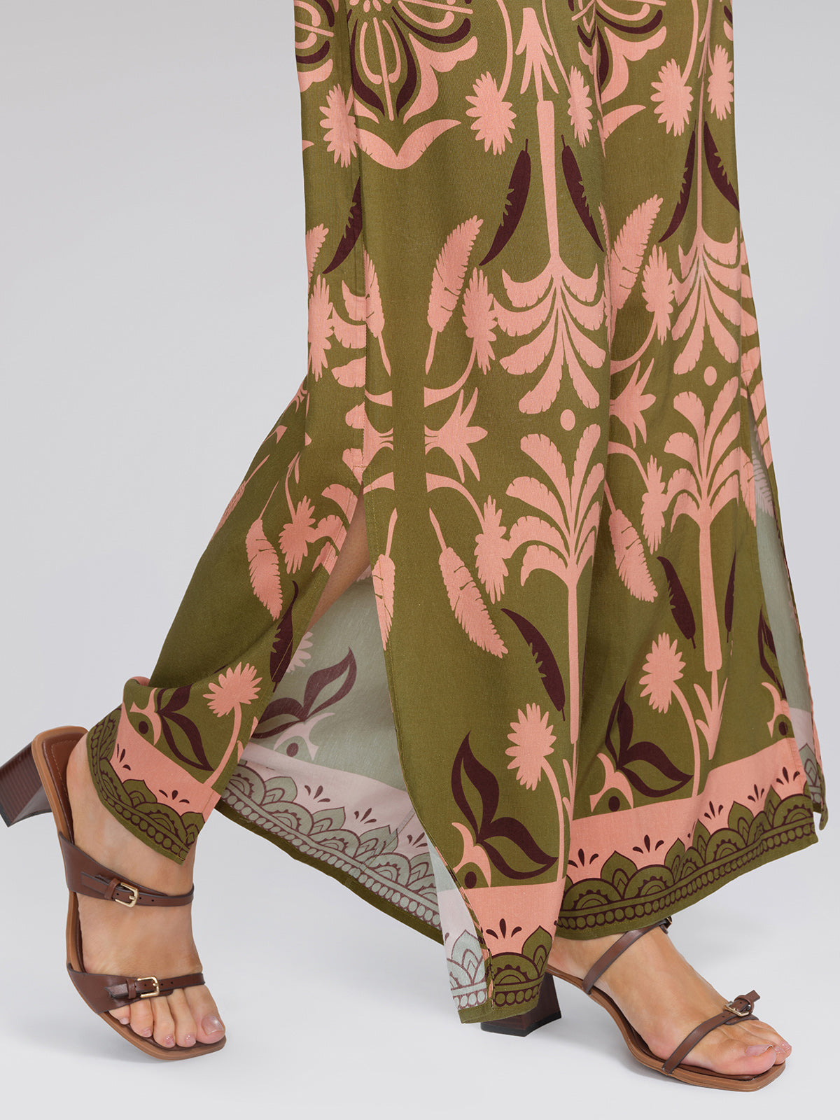 Vintage Botanical Print Wide Leg Pants