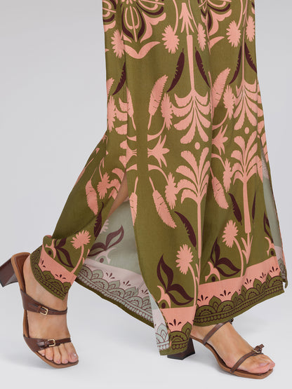 Vintage Botanical Print Wide Leg Pants