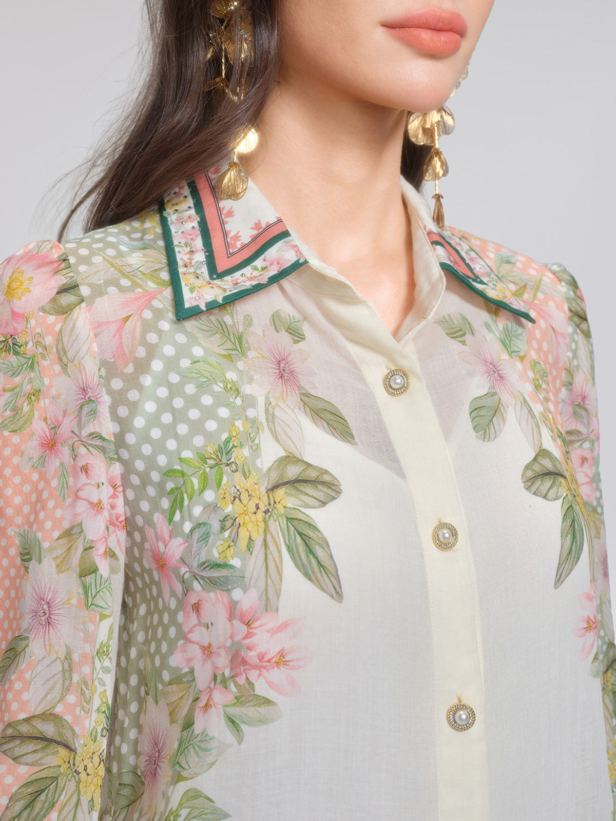 Ramie Floral Polka Dot Patchwork Lapel Button Shirt Dress