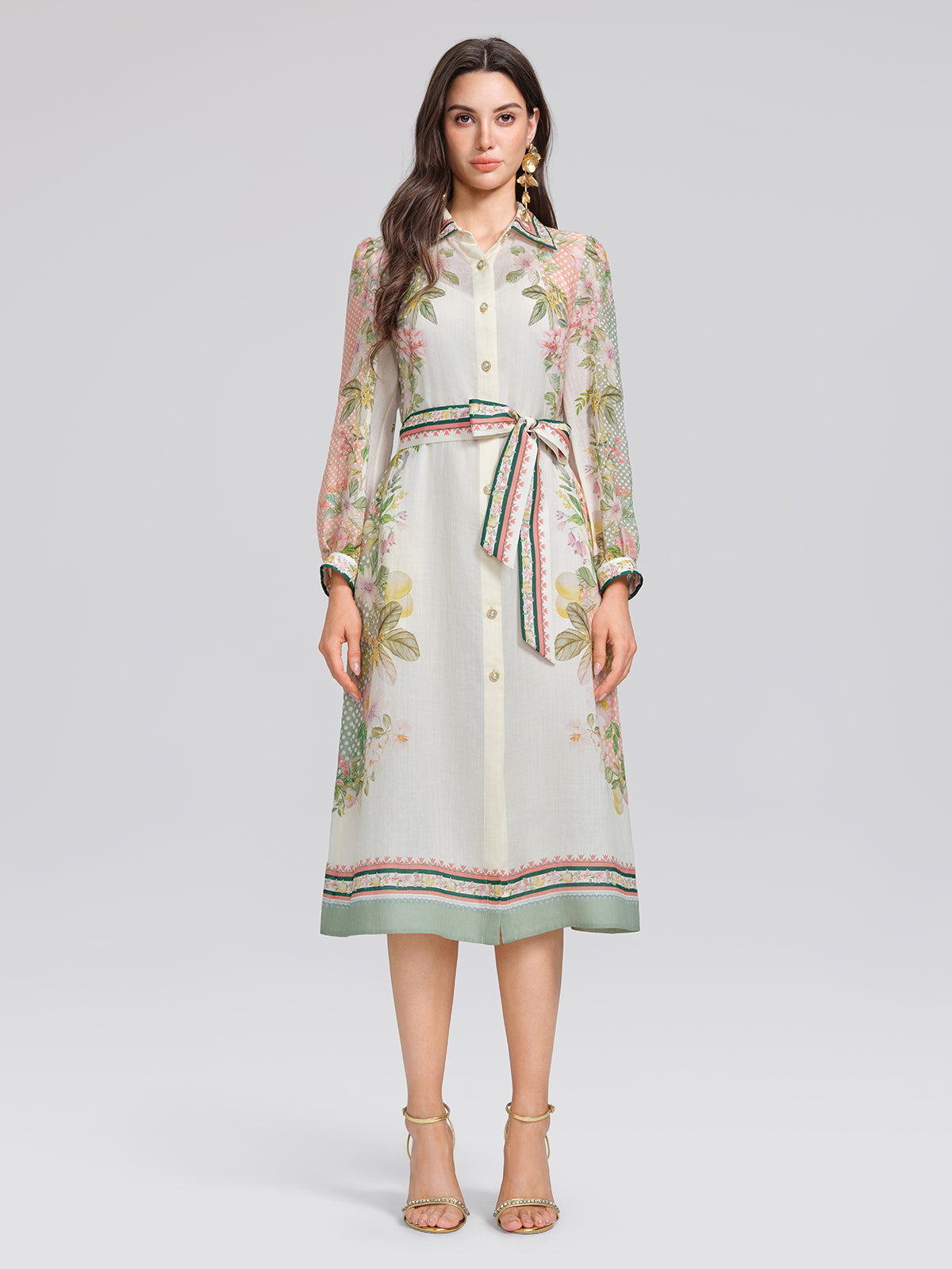 Ramie Floral Polka Dot Patchwork Lapel Button Shirt Dress