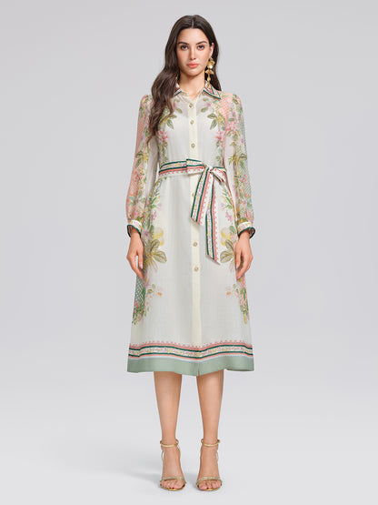 Ramie Floral Polka Dot Patchwork Lapel Button Shirt Dress