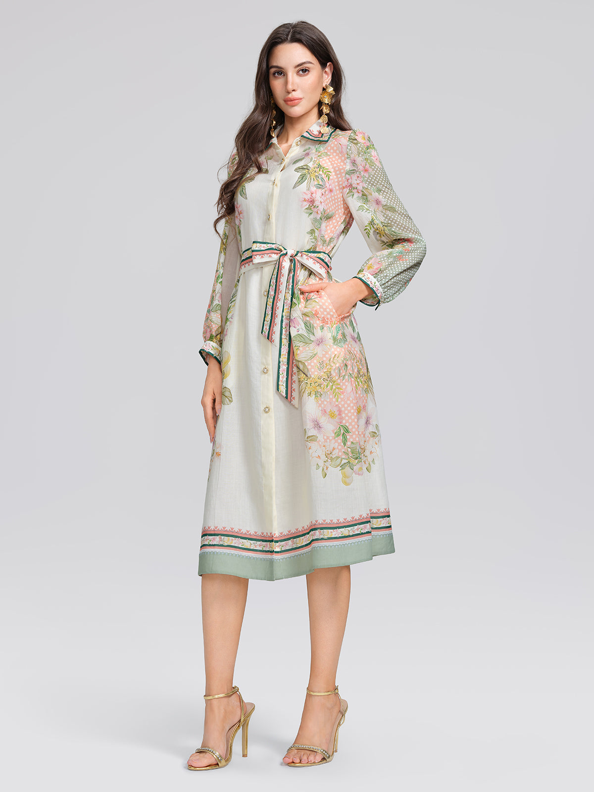 Ramie Floral Polka Dot Patchwork Lapel Button Shirt Dress