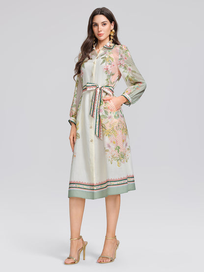 Ramie Floral Polka Dot Patchwork Lapel Button Shirt Dress