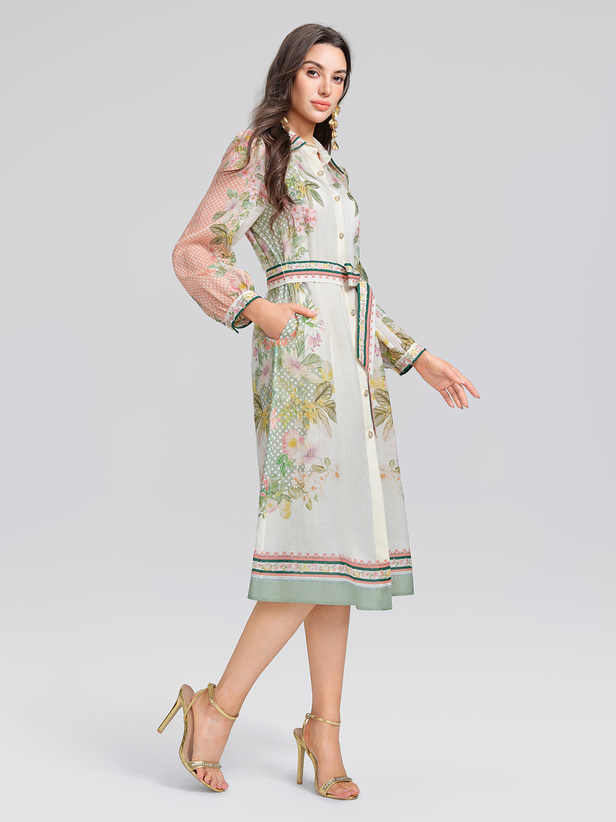 Ramie Floral Polka Dot Patchwork Lapel Button Shirt Dress