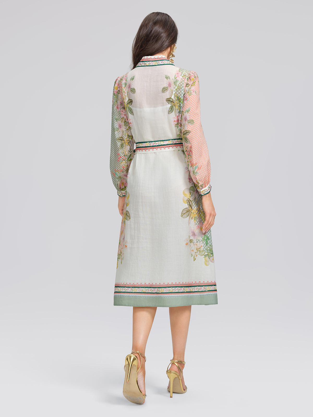 Ramie Floral Polka Dot Patchwork Lapel Button Shirt Dress