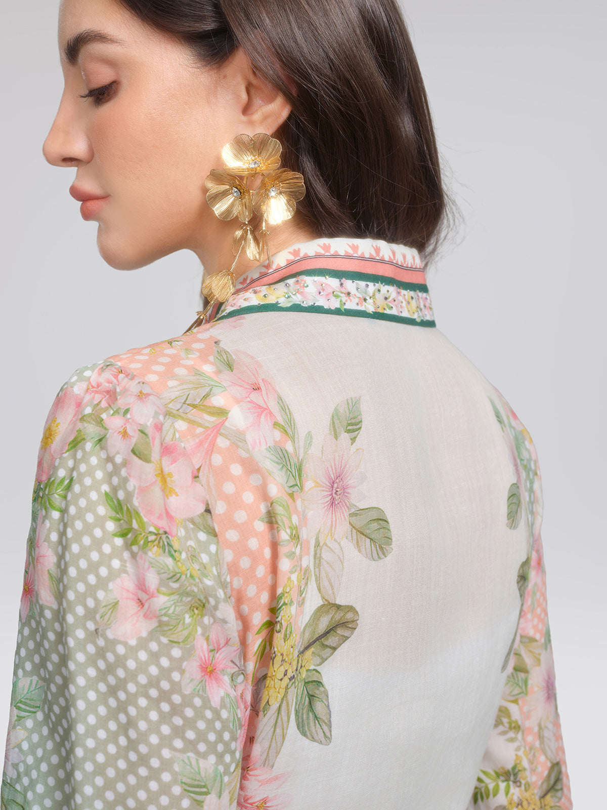 Ramie Floral Polka Dot Patchwork Lapel Button Shirt Dress