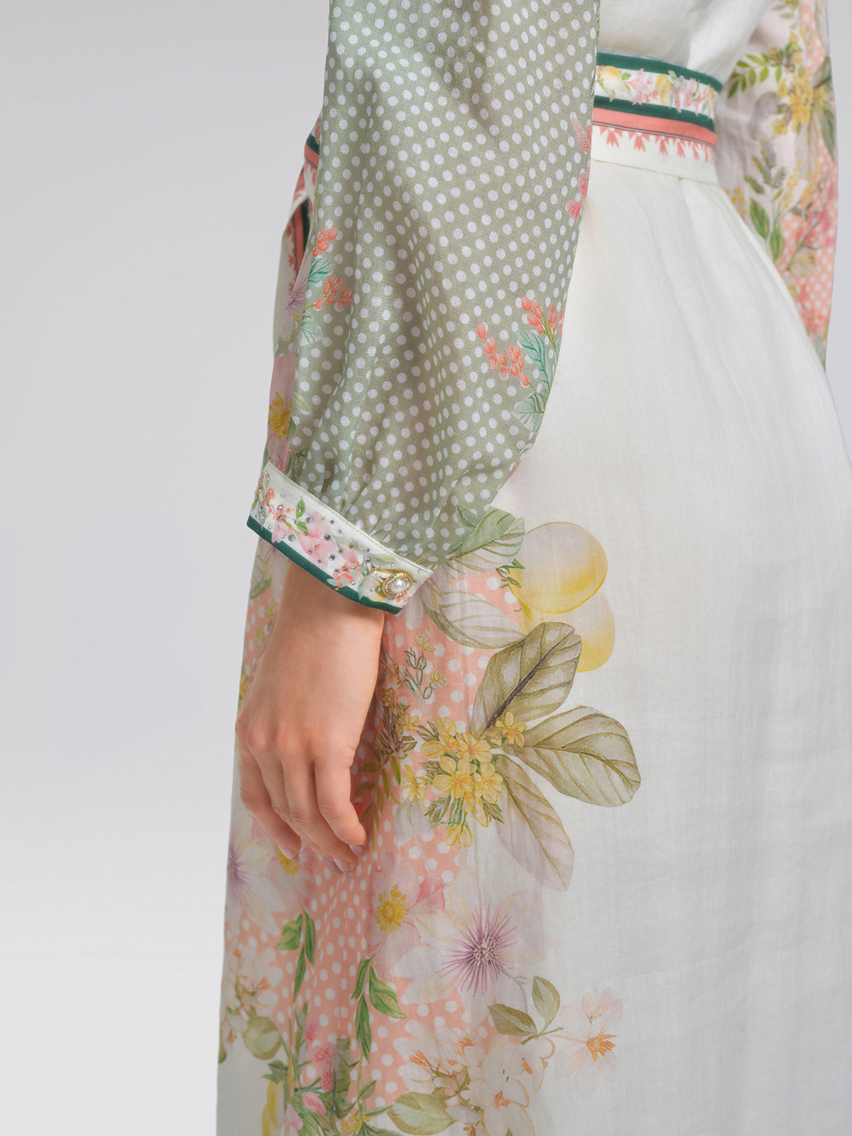 Ramie Floral Polka Dot Patchwork Lapel Button Shirt Dress