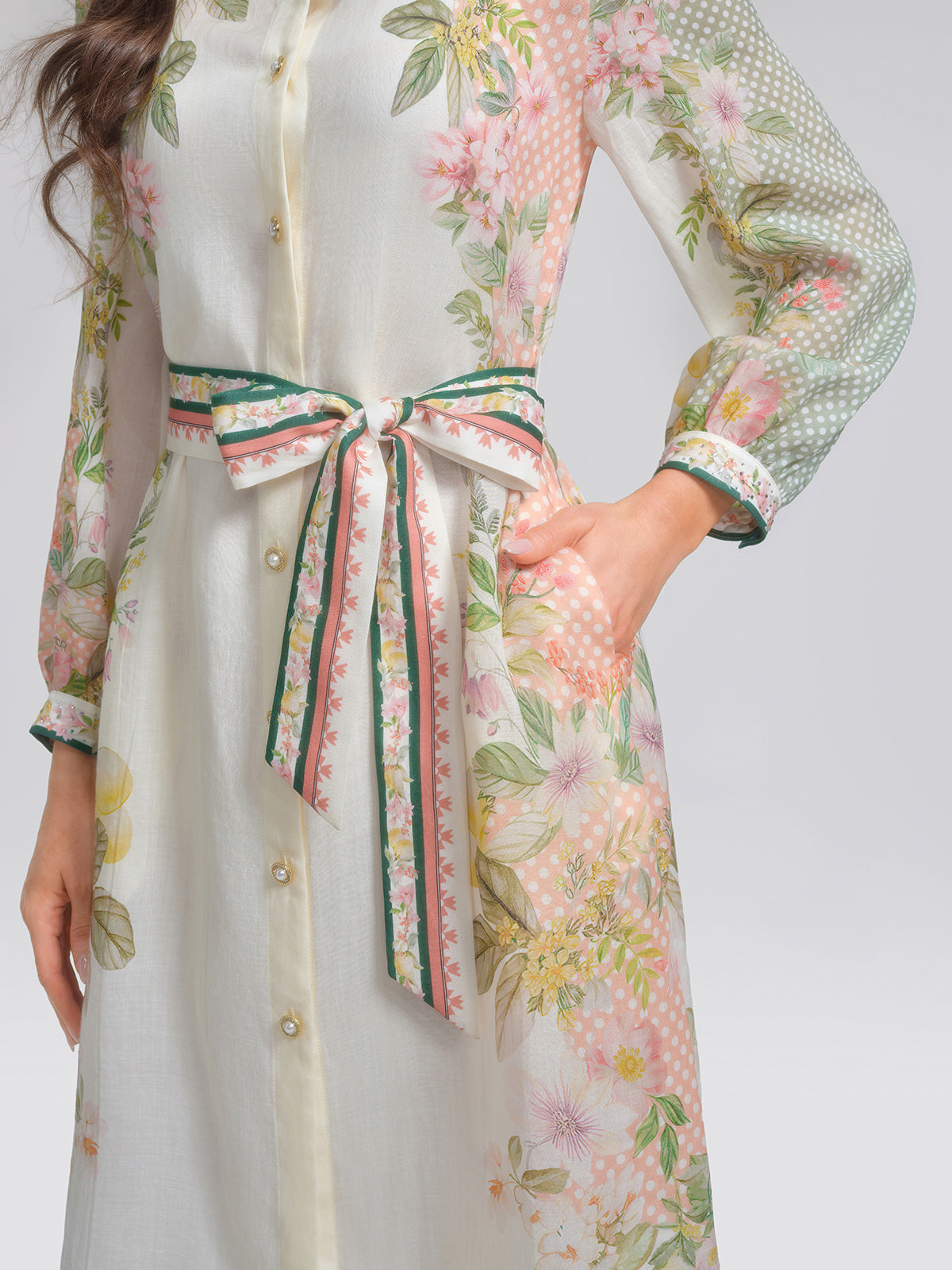Ramie Floral Polka Dot Patchwork Lapel Button Shirt Dress