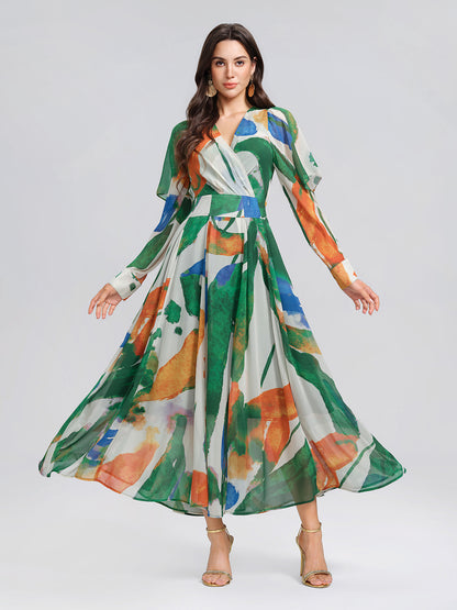 V-Neck Painterly Print Batwing Sleeve Dress