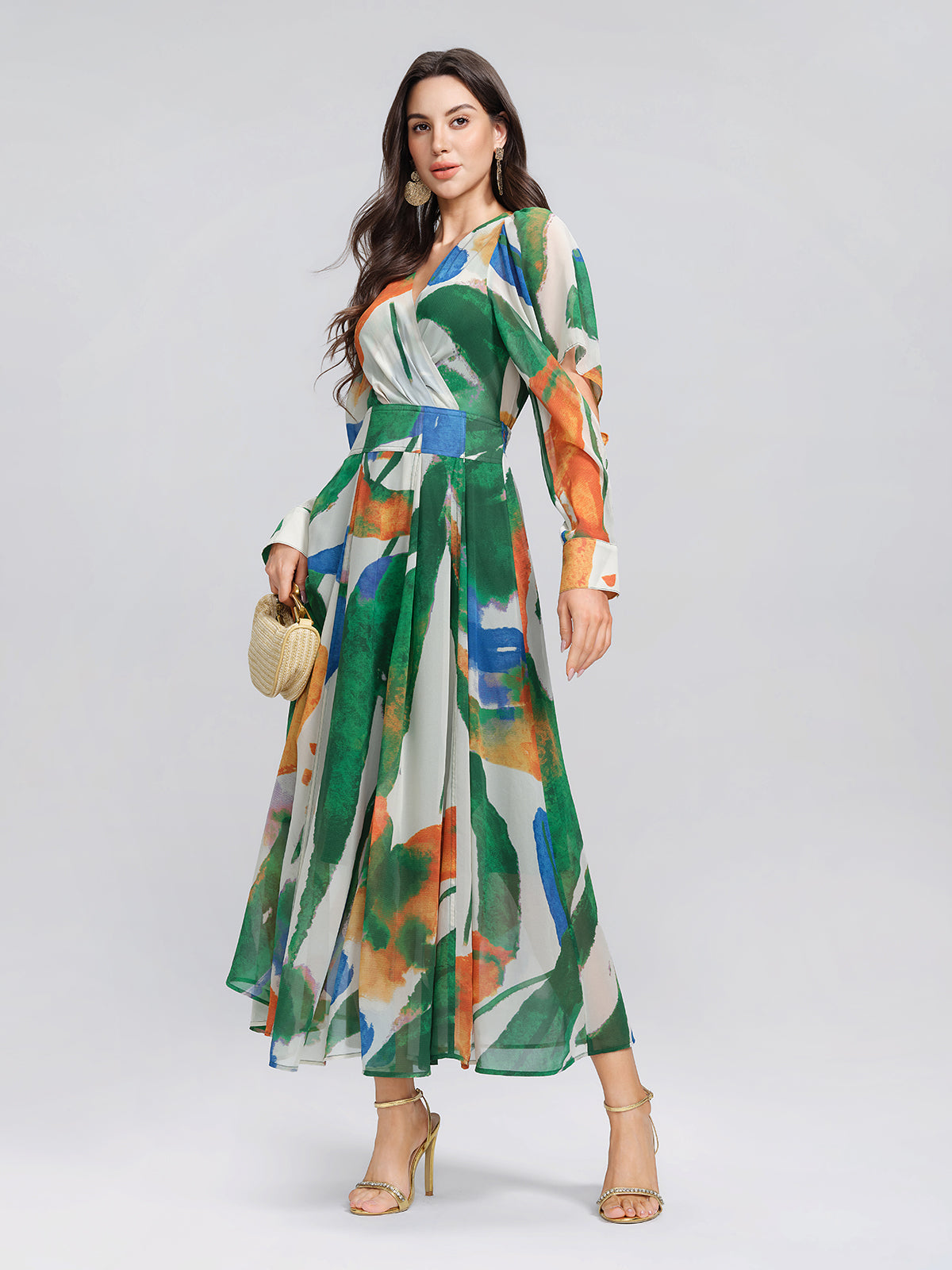V-Neck Painterly Print Batwing Sleeve Dress