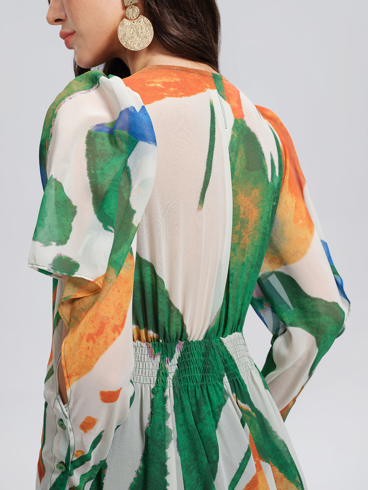 V-Neck Painterly Print Batwing Sleeve Dress