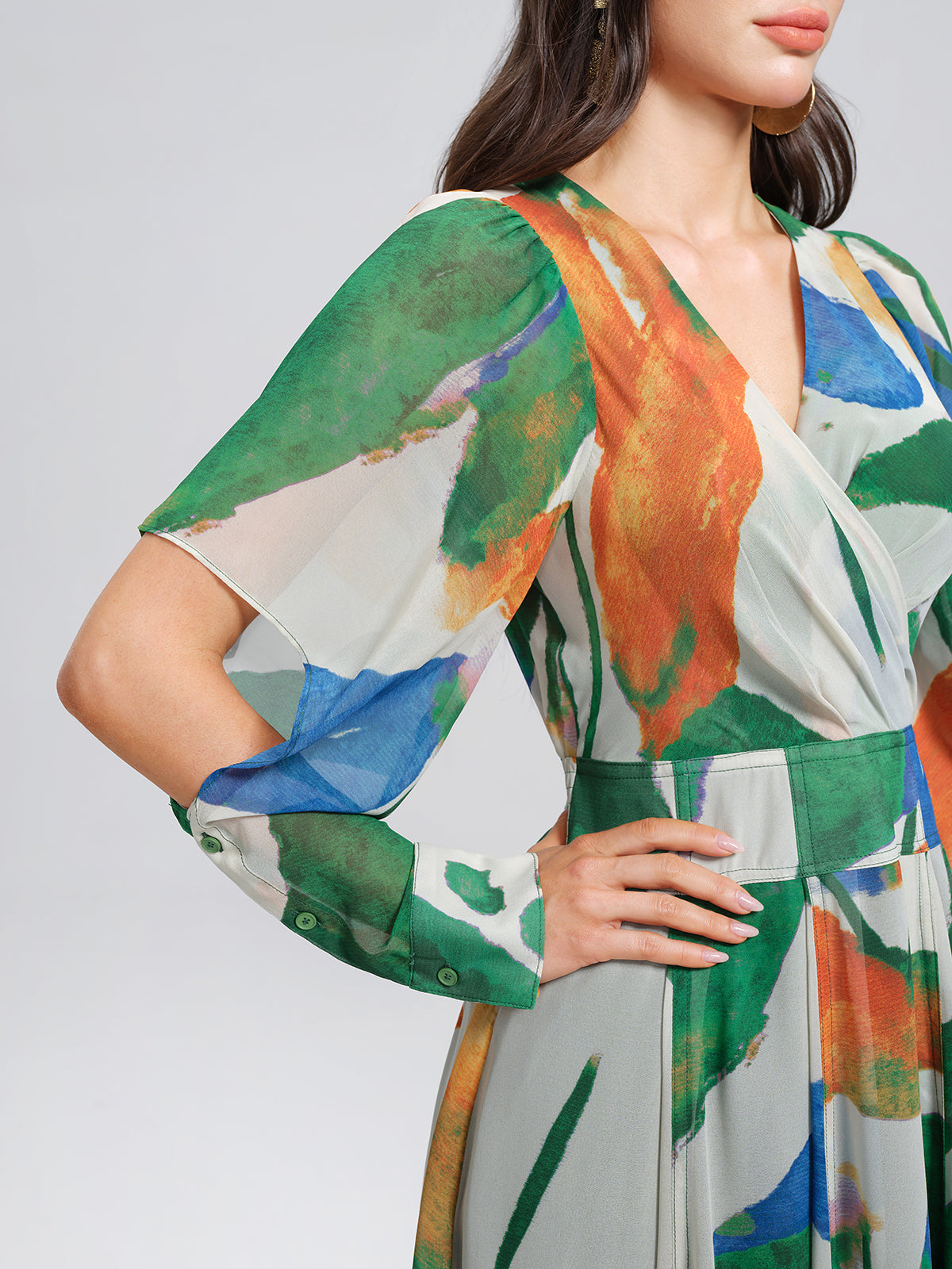 V-Neck Painterly Print Batwing Sleeve Dress
